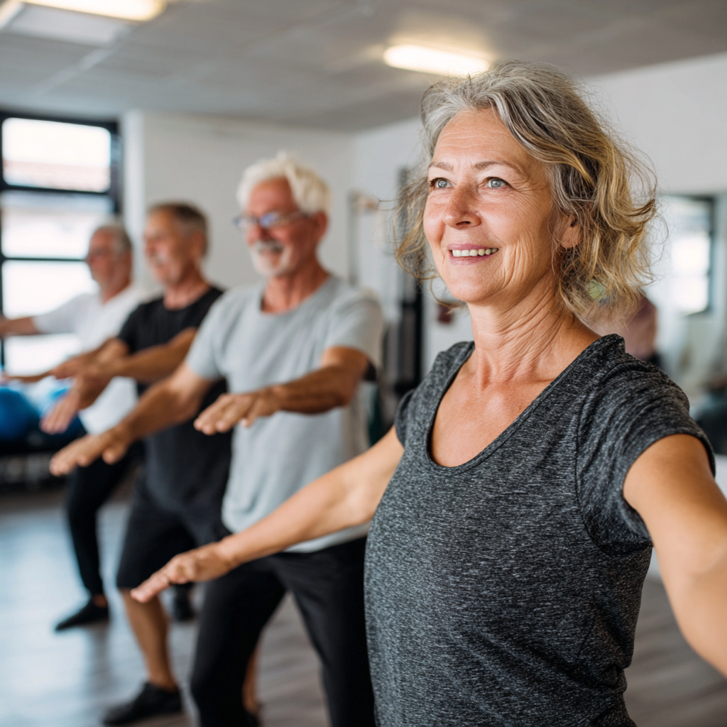 Група активних людей віком 50-60 років виконує групові вправи у світлому фітнес-залі з сучасним обладнанням