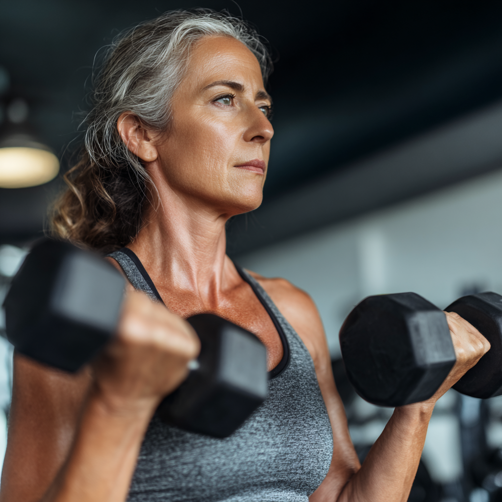Активна жінка 55 років виконує силові вправи з гантелями у сучасному тренажерному залі