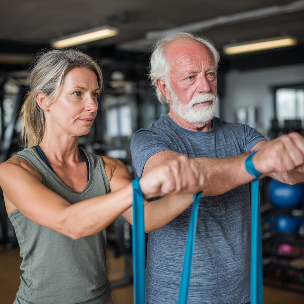 Тренер працює з чоловіком 60 років, показуючи правильну техніку виконання вправ з фітнес-резинками